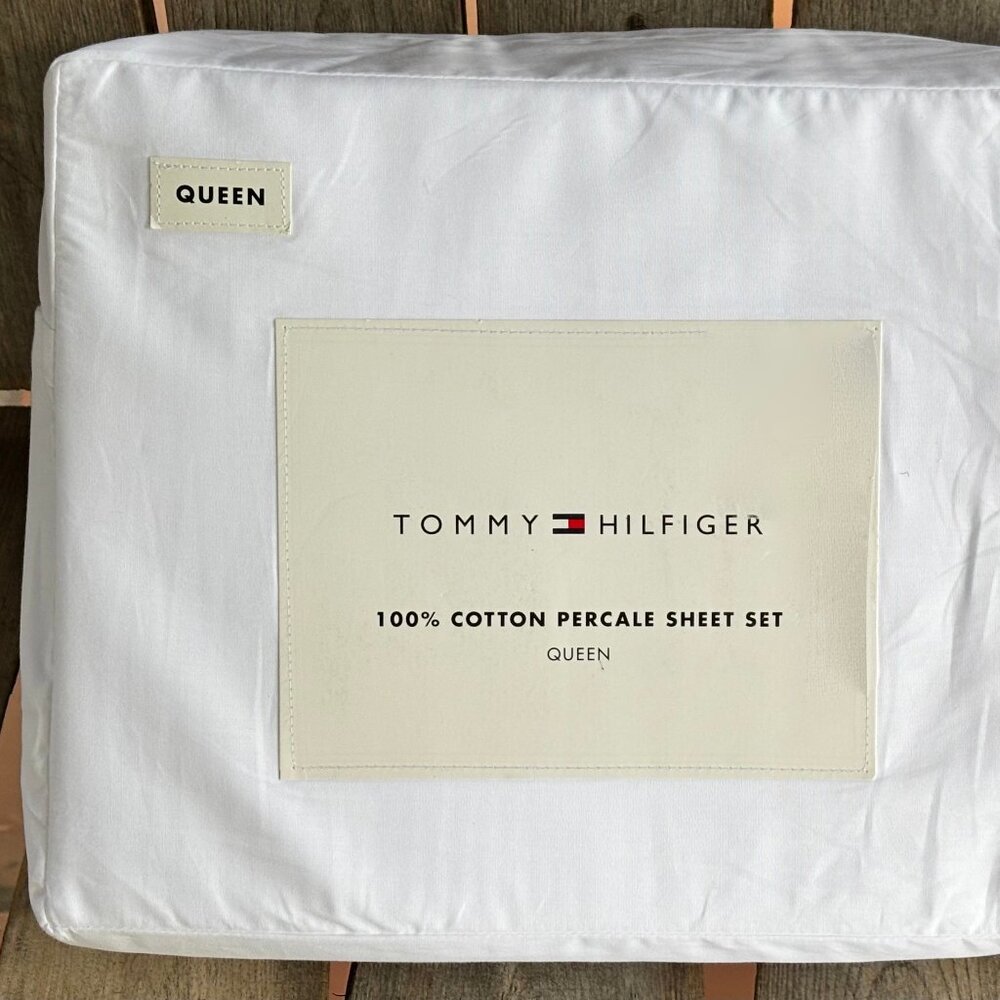 Tommy Hilfiger Queen Size 100% Cool Crisp Cotton Percale Sheet Set BRIGHT WHITE